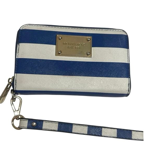 Michael Kors leather wallet w/wrist strap zipper close blue& white striped - Picture 1 of 12